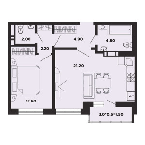 1 комнатная 49.2м²