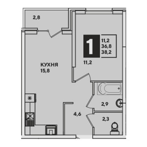 1 комнатная 38.2м²