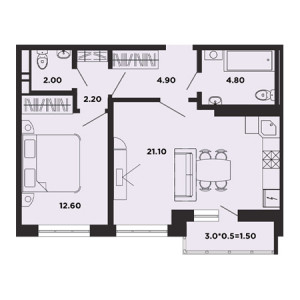 1 комнатная 49.1м²