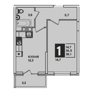 1 комнатная 38.1м²