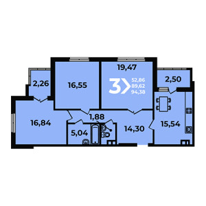 3 комнатная 94.38м²