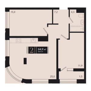 2 комнатная 64.9м²