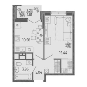 1 комнатная 36.63м²