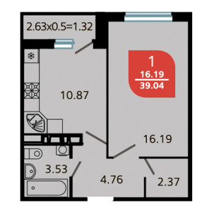 1 комнатная 39.04м²