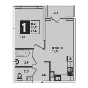 1 комнатная 37.6м²