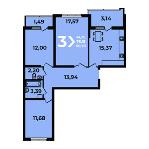 3 комнатная 80.78м²