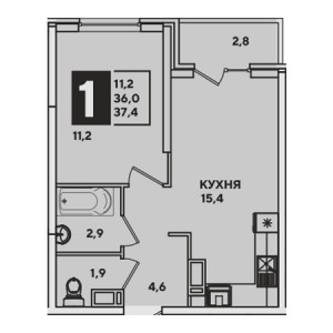 1 комнатная 37.4м²