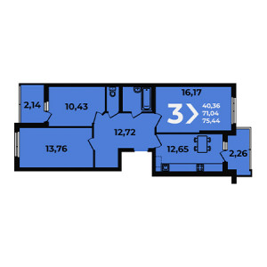 3 комнатная 75.44м²