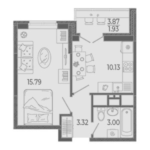 1 комнатная 35.07м²