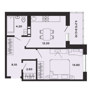 1 комнатная 44м²