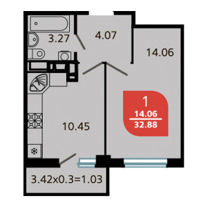 1 комнатная 32.88м²