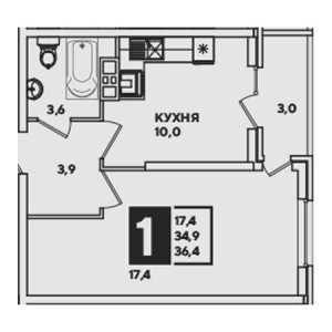 1 комнатная 36.4м²