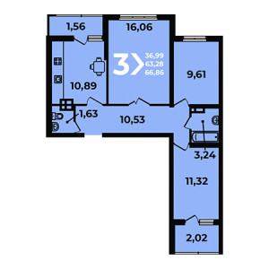 3 комнатная 66.86м²