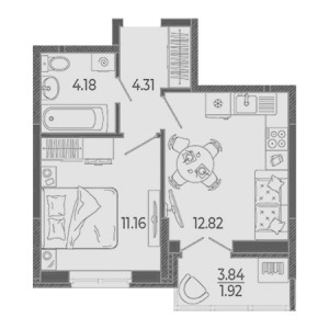 1 комнатная 34.39м²