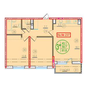 2 комнатная 61.8м²