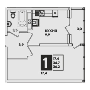 1 комнатная 36.2м²