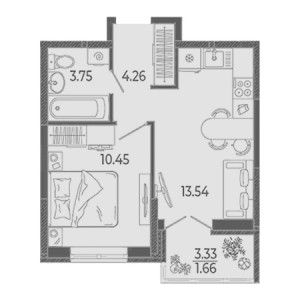 1 комнатная 33.66м²