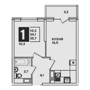 1 комнатная 35.7м²