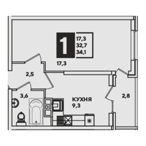 1 комнатная 34.1м²