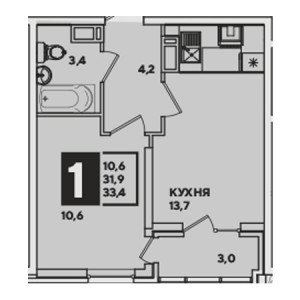 1 комнатная 33.4м²