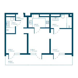 3 комнатная 75.29м²