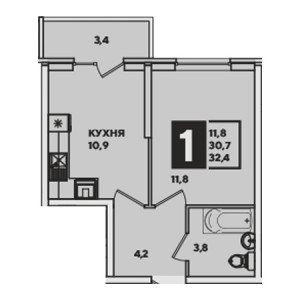 1 комнатная 32.4м²