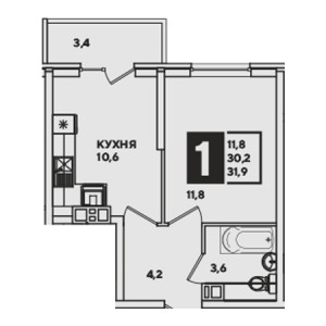 1 комнатная 31.9м²