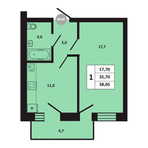 1 комнатная 38.05м²