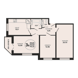 3 комнатная 76.22м²