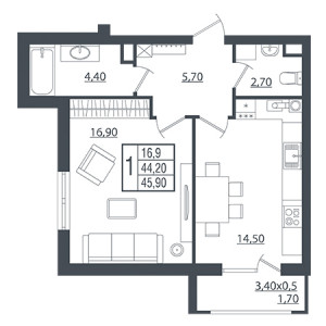 1 комнатная 45.9м²