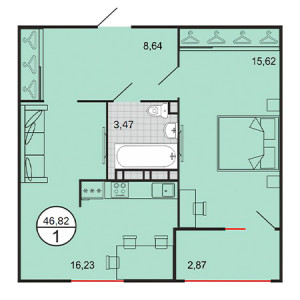 1 комнатная 46.82м²