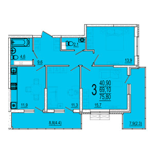 3 комнатная 75.8м²