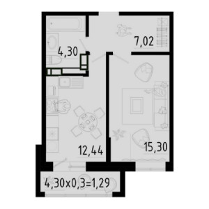 1 комнатная 40.35м²