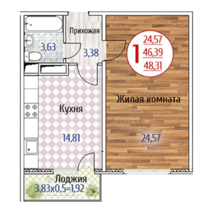 1 комнатная 48.31м²