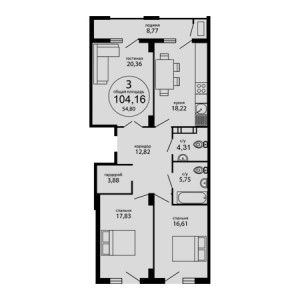 3 комнатная 104.16м²