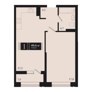 1 комнатная 49.6м²