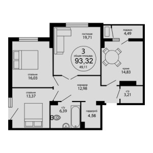 3 комнатная 93.32м²