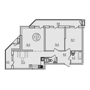 3 комнатная 91.1м²