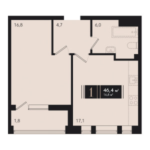 1 комнатная 46.4м²