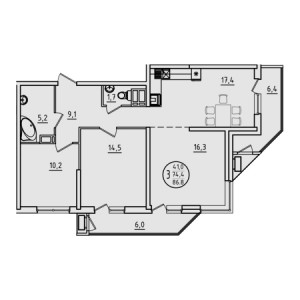 3 комнатная 86.8м²