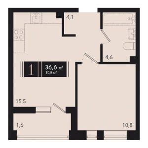 1 комнатная 36.6м²