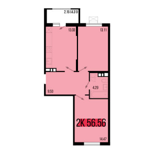 2 комнатная 56.56м²