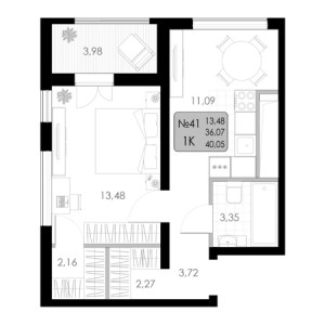 1 комнатная 40.05м²