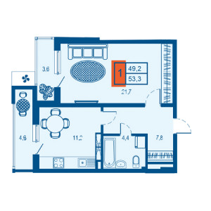 1 комнатная 53.3м²