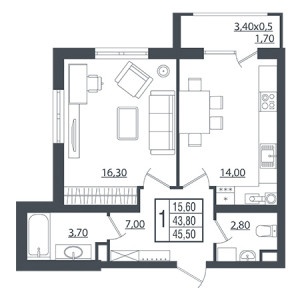 1 комнатная 45.5м²