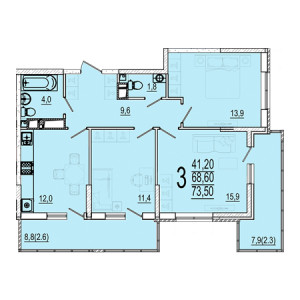 3 комнатная 73.5м²