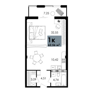 1 комнатная 62.56м²