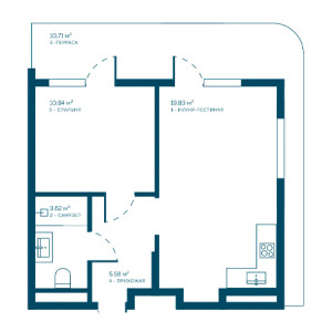 1 комнатная 50.58м²