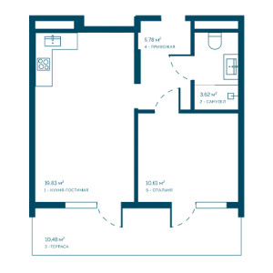 1 комнатная 50.32м²