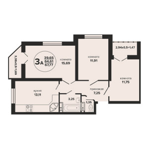 3 комнатная 67.77м²